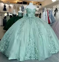 Ball Gown Sage Green Quinceanera Dresses Lace Applique Off the Shoulder MyChicDress