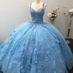 Vestido de fiesta Vestidos de quinceañera azul claro Flores 3D Vestidos de encaje dulce 16