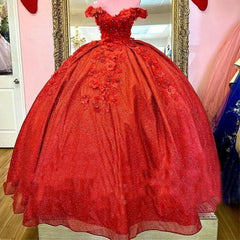 2024 Vestido Rojo Dulce 16 Con Hombros Descubiertos Vestidos De Quinceañera Con Lentejuelas Floral 3d