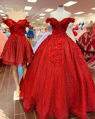 2024 Vestido Rojo Dulce 16 Con Hombros Descubiertos Vestidos De Quinceañera Con Lentejuelas Floral 3d