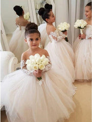 Princesa de encaje blanco vestidos de niña de flores de manga larga con bowknot