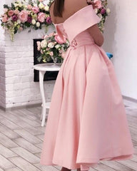 Beach Pink Wedding Guest Dresses Tea Length Satin Party Dresses Off Shoulder MyChicDress