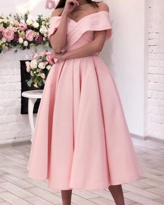 Beach Pink Wedding Guest Dresses Tea Length Satin Party Dresses Off Shoulder MyChicDress