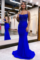 Beaded 2024 Royal Blue Prom Dress Lace Backless Mermaid Long Formal Dress MyChicDress