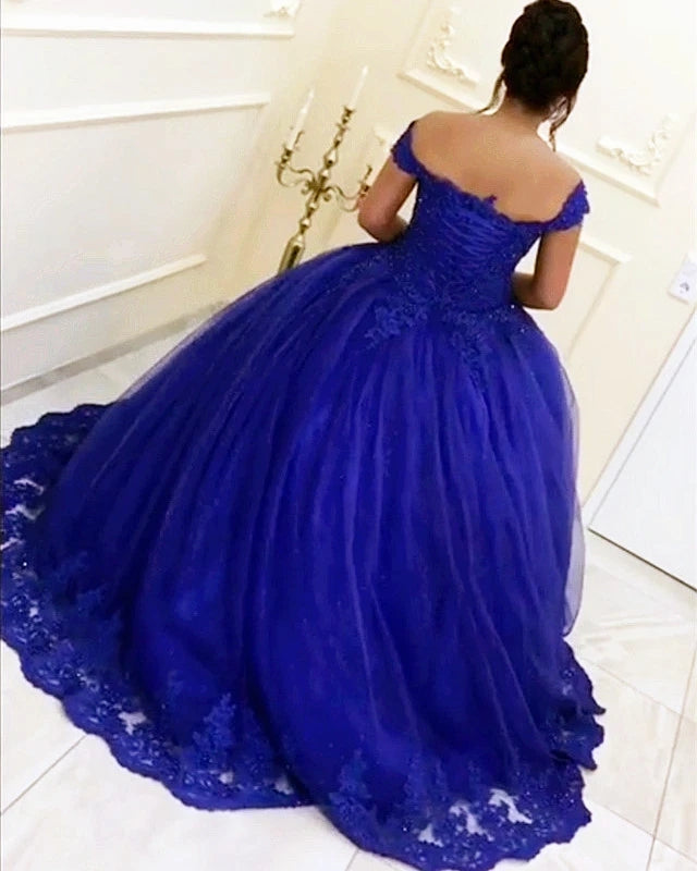 Best Royal Blue Quinceanera Dresses Beaded Lace Off Shoulder Sweet 16 Dress MyChicDress