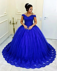 Best Royal Blue Quinceanera Dresses Beaded Lace Off Shoulder Sweet 16 Dress MyChicDress