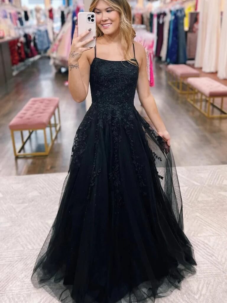 Black Lace 2024 Formal Dress UK Open Back Tulle Long Prom Dresses Cheap MyChicDress