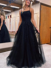 Black Lace 2024 Formal Dress UK Open Back Tulle Long Prom Dresses Cheap MyChicDress