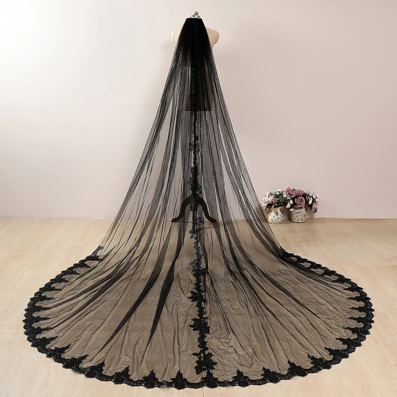 Black Lace Wedding Veil Long Custom Lace Trim Bridal Veils MyChicDress