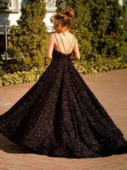 Una línea de vestidos de fiesta de lentejuelas negros 2024 Vestido de noche formal con cuello en V largo del Reino Unido