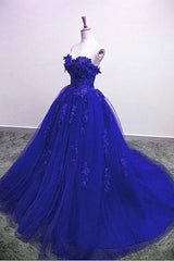 Blue Lace Floral Prom Dresses Tulle Applique Sweetheart Ball Gown Formal Dresses MyChicDress