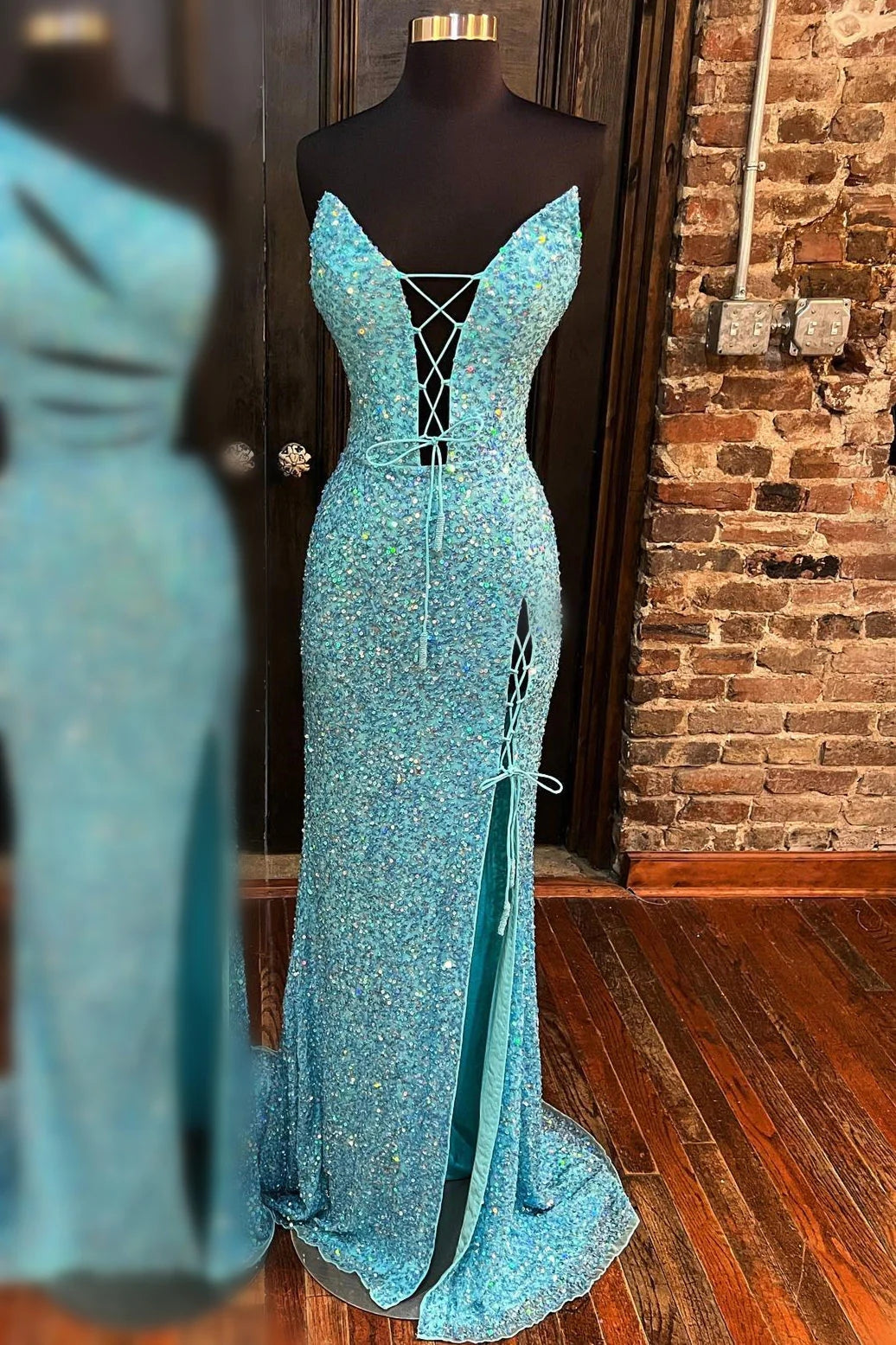 Blue V Neck Sequins Prom Dresses Mermaid Long Evening Dress Lace-Up Front Slit MyChicDress