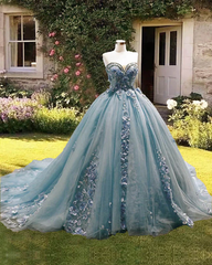Precioso vestido de fiesta azul con escote corazón, vestido de quinceañera sin tirantes con flores en 3D