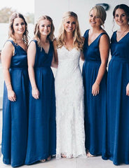 Una línea de gasa larga vestidos de dama de honor azules sin mangas sin espalda