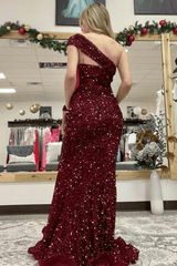 Burgundy Sequin One Shoulder Prom Dresses 2025 Mermaid Long Formal Dress MyChicDress