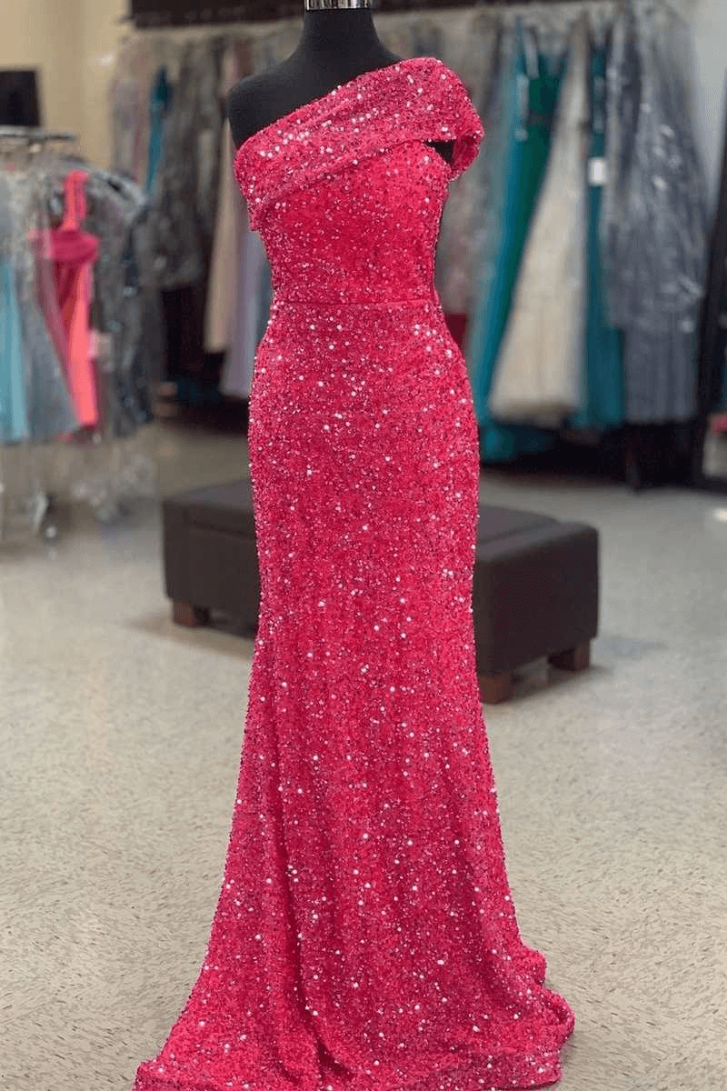 Burgundy Sequin One Shoulder Prom Dresses 2025 Mermaid Long Formal Dress MyChicDress