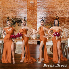 Vestidos de dama de honor de color naranja quemado que no coinciden, vestido de invitados de boda barato de satén