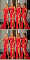 Cheap African Red Bridesmaid Dresses Mermaid Side Slit Long Wedding Party Dress MyChicDress