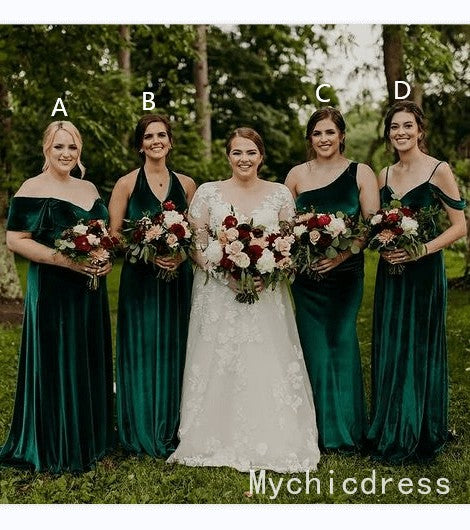 Cheap Emerald Green Velvet Bridesmaid Dresses 2025 Long Wedding Guest Dress MyChicDress