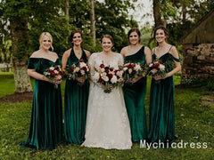 Cheap Emerald Green Velvet Bridesmaid Dresses 2025 Long Wedding Guest Dress MyChicDress