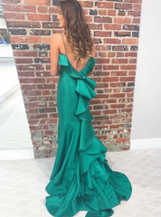 Cheap Green Prom Dresses UK Satin Wedding Guest Dress Spaghetti Straps Ruffles MyChicDress