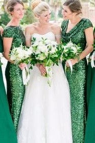 Cheap Green Sequin Bridesmaid Dresses Long Emerald Wedding Guests Dress Draped MyChicDress