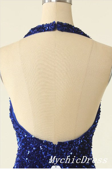 Cheap Halter Royal Blue Homecoming Dresses Mini Tight Sparkly Cocktail Dress MyChicDress