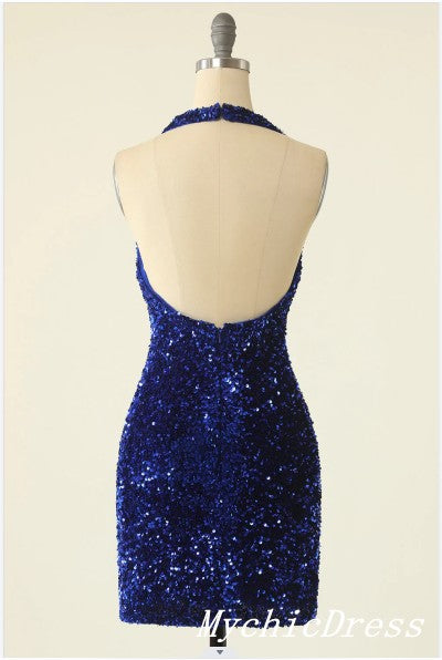 Cheap Halter Royal Blue Homecoming Dresses Mini Tight Sparkly Cocktail Dress MyChicDress