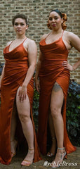 Cheap Long Burnt Orange Bridesmaid Dresses Spaghetti Straps with split MyChicDress