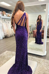 Cheap Mermaid 2025 One Shoulder Prom Dresses Purple Sequins Long Formal Wears MyChicDress