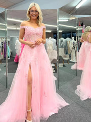 Cheap Off Shoulder 2025 Pink Formal Dresses Lace Long Prom Dresses with High Slit MyChicDress