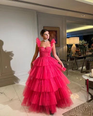 Cheap Pink Tulle 2025 Prom Dresses Ruffle Sleeveless Long Formal Evening Dress MyChicDress