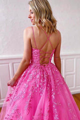 Cheap Pink Tulle Prom Dresses 2025 With Lace Appliques Spaghetti Straps MyChicDress