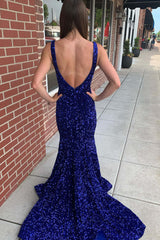 Cheap Royal Blue V-Neck Sequins Prom Dresses 2025 Long Mermaid Evening Dress MyChicDress