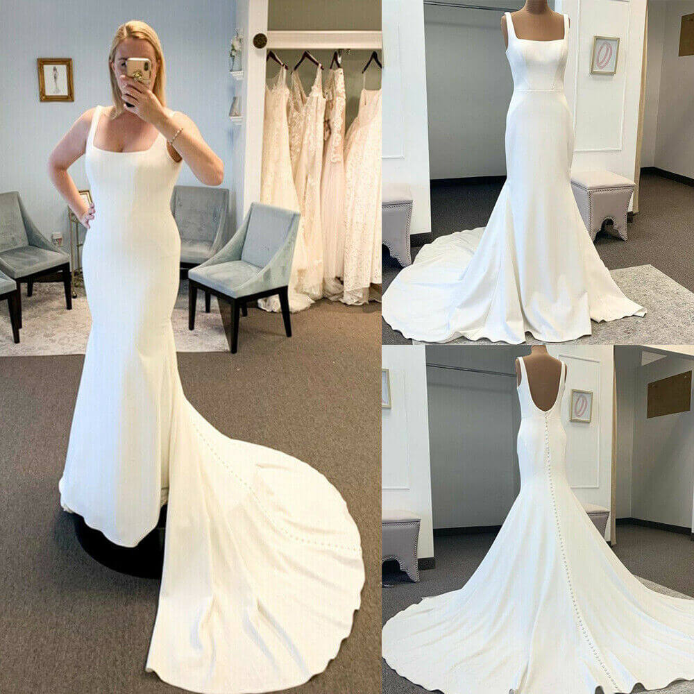 Cheap Satin Square Neck Minimalist Wedding Dresses Mermaid Straps Bridal Gowns Buttons MyChicDress