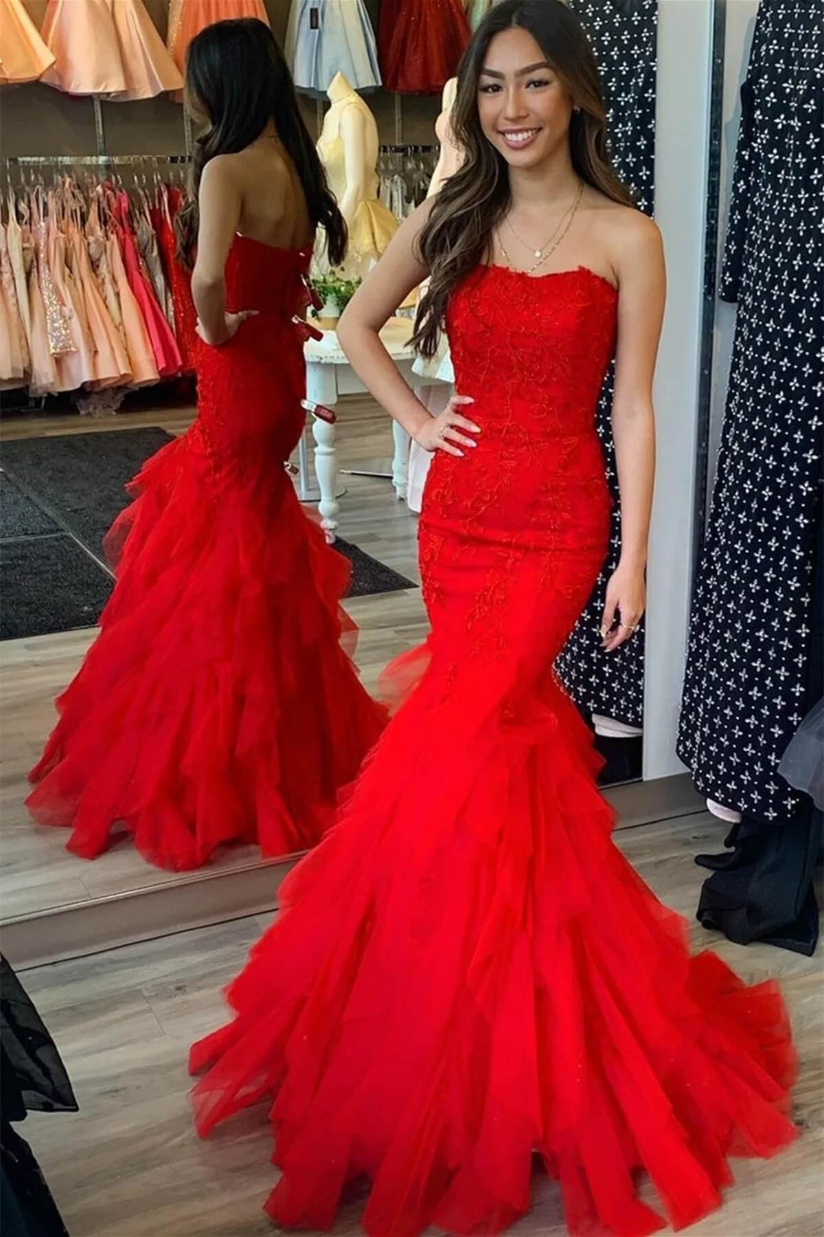 Cheap Strapless Ruffle Red Lace Prom Dresses Mermaid Tulle Long Formal Dress MyChicDress