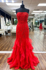 Cheap Strapless Ruffle Red Lace Prom Dresses Mermaid Tulle Long Formal Dress MyChicDress