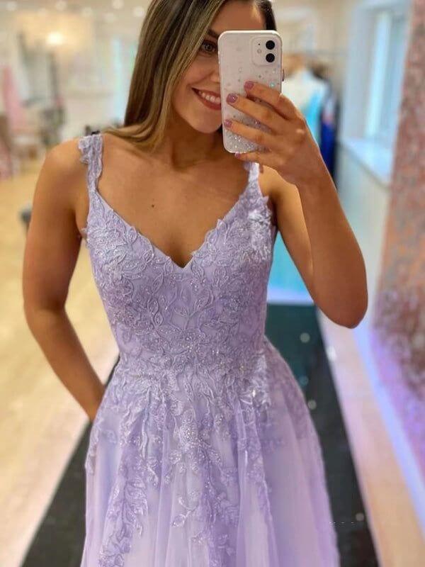 Cheap V Neck Lilac Lace Formal Dresses A Line Purple Long Prom Dresses MyChicDress