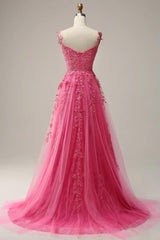 Vestidos de fiesta con corsé de encaje rosa fuerte baratos Una línea de vestidos formales