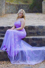 Vestidos de fiesta de encaje lila baratos 2024 Trajes de vestidos formales violetas sin espalda sirena