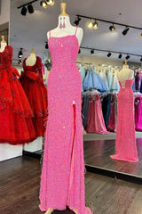 2024 Vestido de fiesta de lentejuelas largo barato Vestido de noche rosa intenso con plumas