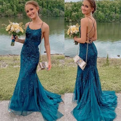 Vestidos de fiesta de sirena baratos con encaje 2025, corsé, vestido formal largo en verde azulado oscuro