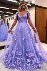 2024 Vestido de fiesta de princesa lavanda Vestido formal de tul con flores en 3D y capa