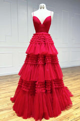 Barato Rojo Tul Vestidos de fiesta 2024 Escote en V Tirantes Espagueti Largos Vestidos Formales