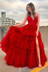 Barato Rojo Tul Vestidos de fiesta 2024 Escote en V Tirantes Espagueti Largos Vestidos Formales
