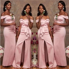 Vestidos de dama de honor de satén rosa con hombros descubiertos Vestido largo de invitada de boda