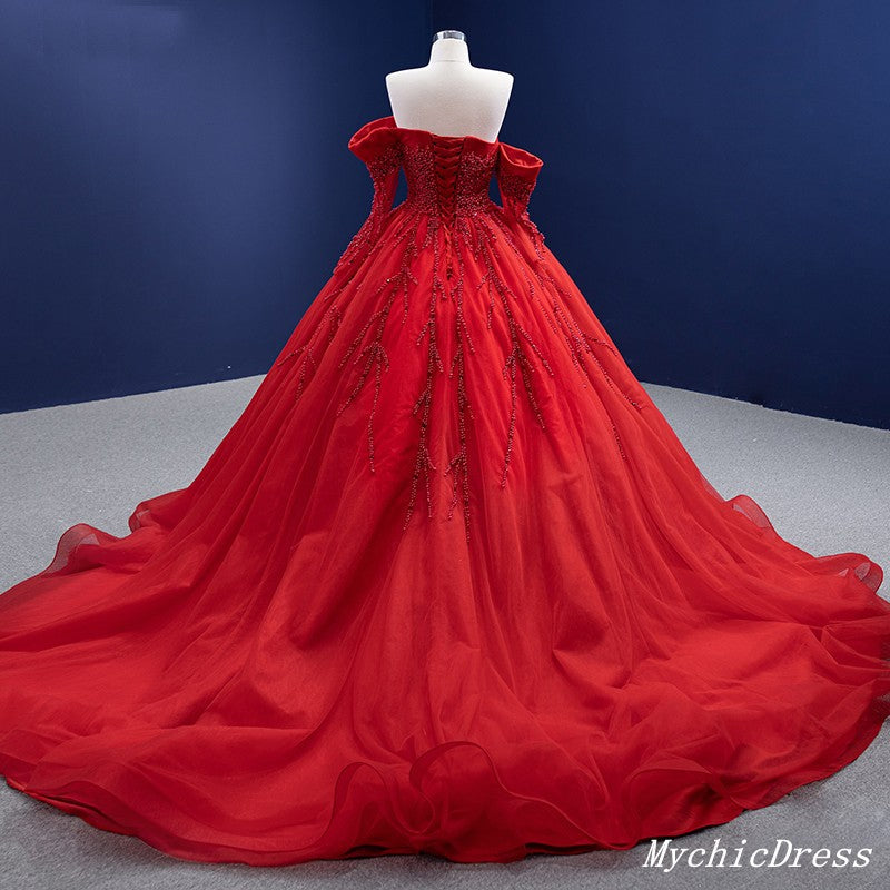 Crystal Long Sleeve Red Quince Dresses Off Shoulder Pearls Wedding Dress MyChicDress