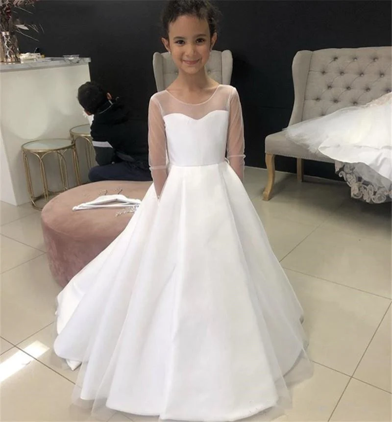 Cute A Line Long Sleeves Tulle Satin White Flower Girl Dresses with Bowknot MyChicDress