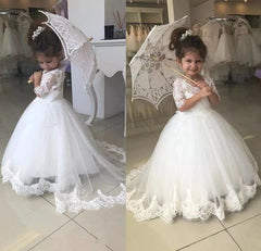 Lindo encaje vestidos de niña de flores medias mangas vestido de niña de boda con tren