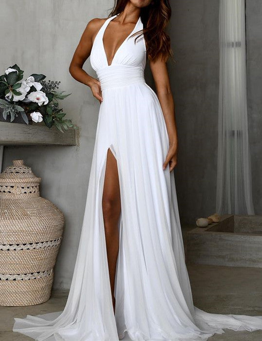 Simple Long Chiffon White Beach Minimalist Wedding Dresses Summer Maxi Dresses